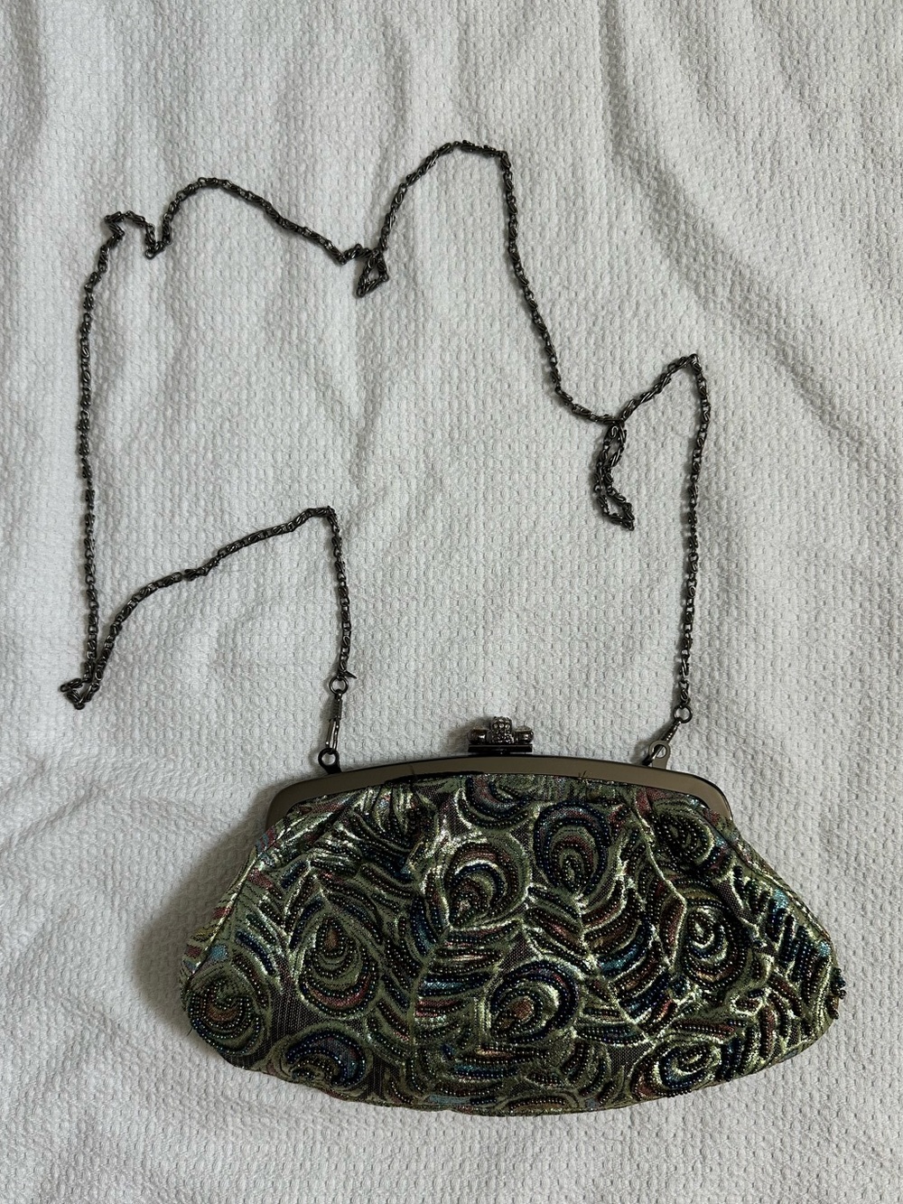Moni Couture Beaded Metallic Evening Clutch Crystal Clasp Chain Strap Bag